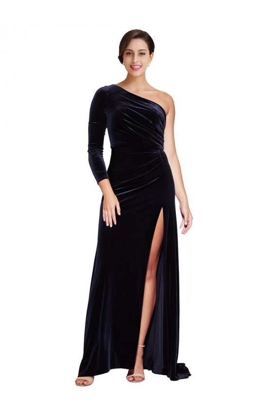 Online Long Sleeves One Shoulder Stretch Velvet A-Line Prom Dress Canada