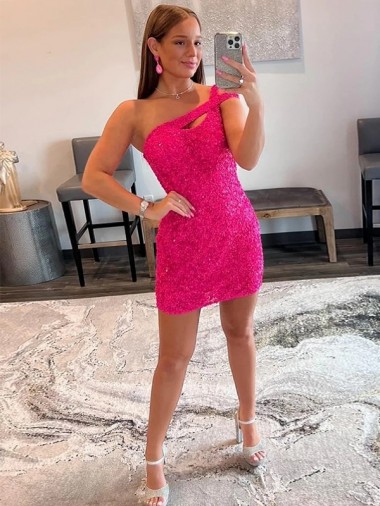 Online Sleeveless Fuchsia One Shoulder Velvet Sequin Sheath Prom Dresses Canada