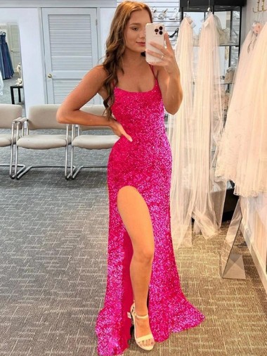 Online Sleeveless Spaghetti Straps Sweep Train Velvet Sequin Sheath Fuchsia Prom Dress Canada