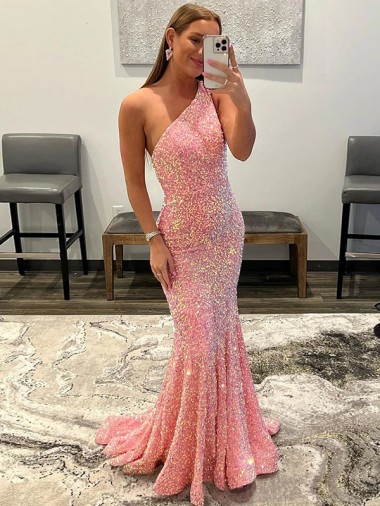 Online Sleeveless Pink One Shoulder Velvet Sequin Sheath Prom Dress Canada