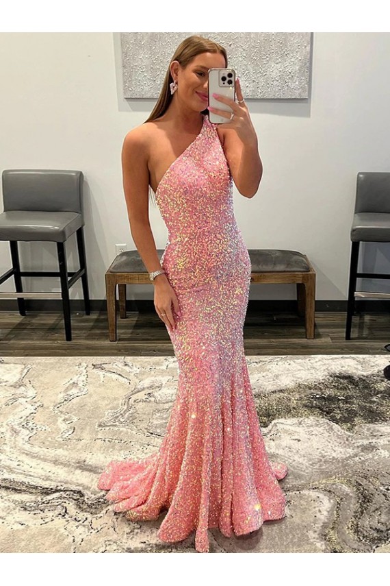 Online Sleeveless Pink One Shoulder Velvet Sequin Sheath Prom Dress Canada